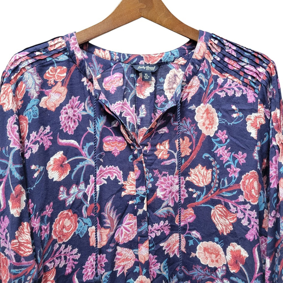 Lucky Brand Sz XL Top Blouse Shirt Blue Floral Print Tassel Tie Rayon - Picture 7 of 7